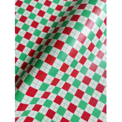 Red Green White Checker Pattern Leather Fabric